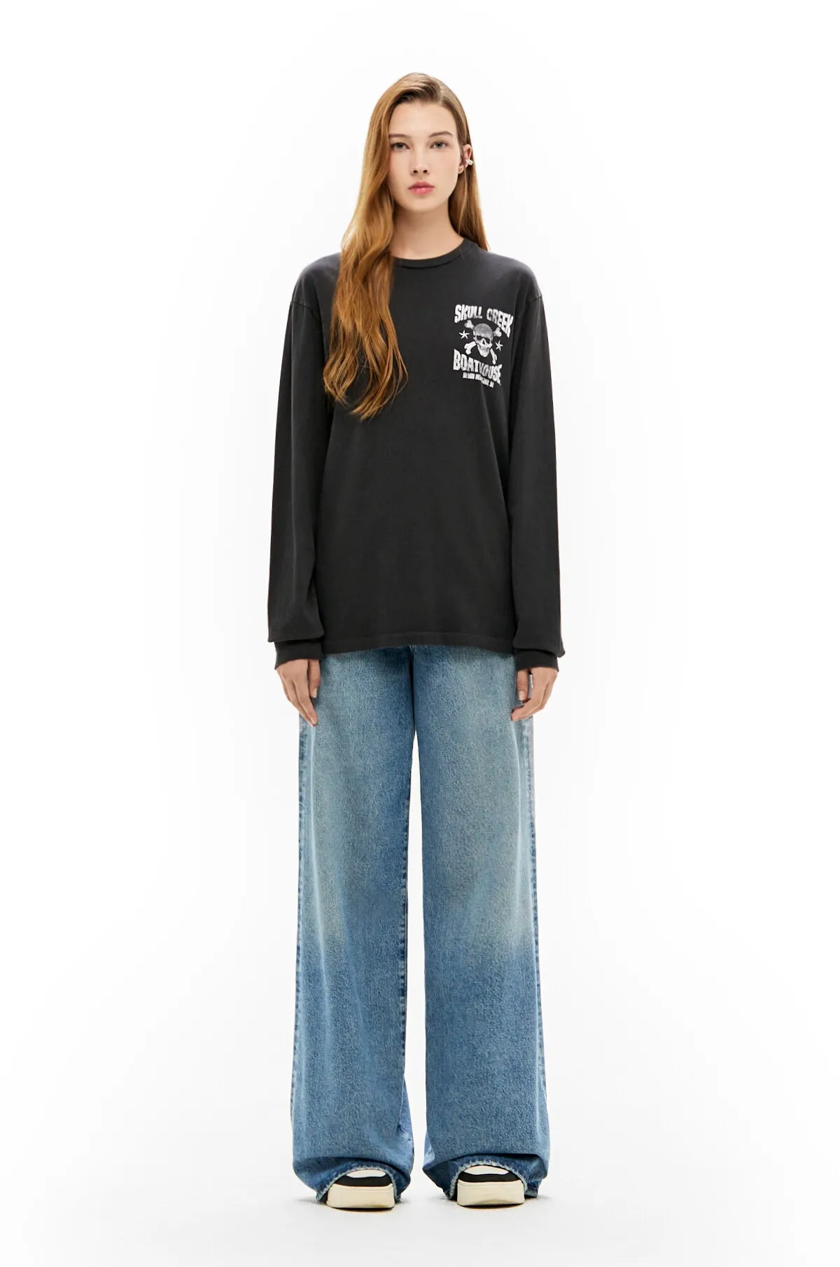 GALLERY DEPT. SKULL CREEK L/S TEE/BLK Glitter skull surf long sleeves, washed black S-XL, genuine development, correct version, garment dyed, washed and distressed, printing has a full sense of distress